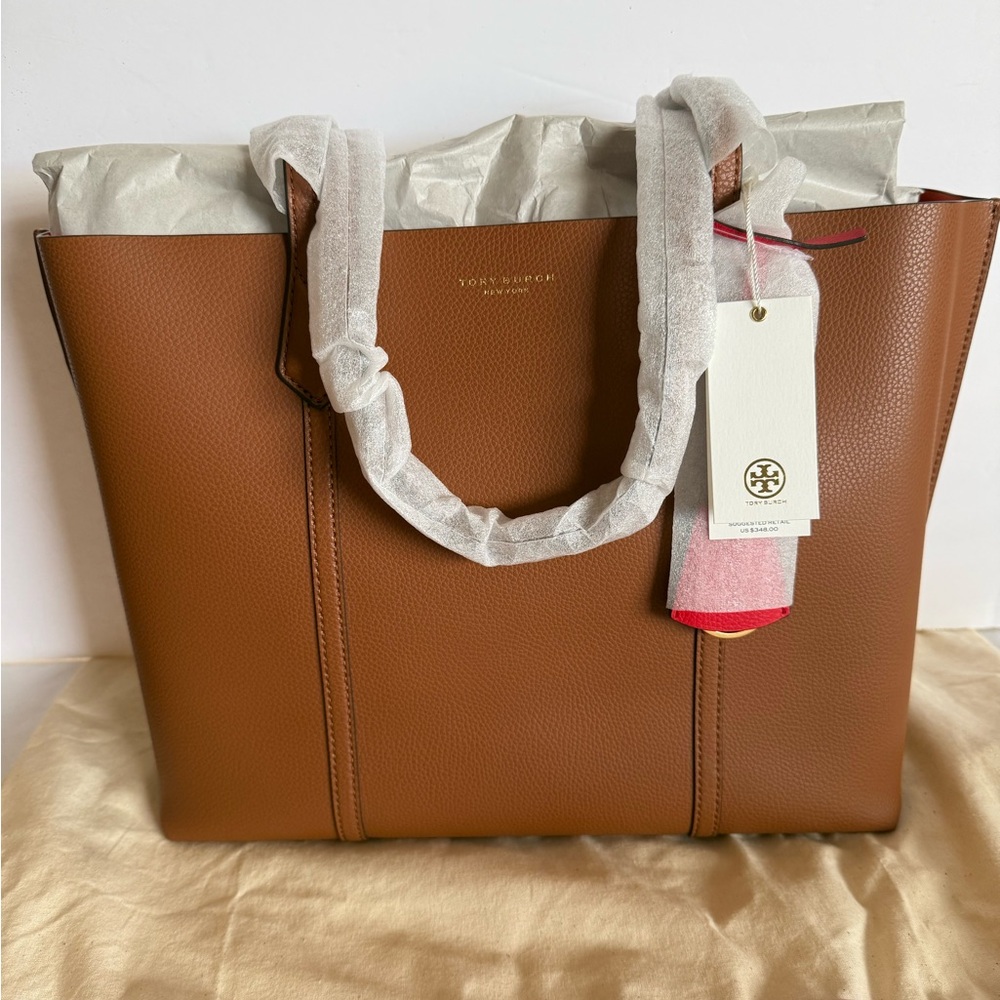 Tory Burch Tan Leather Perry Triple Compartment Tote Bag Purse light umber